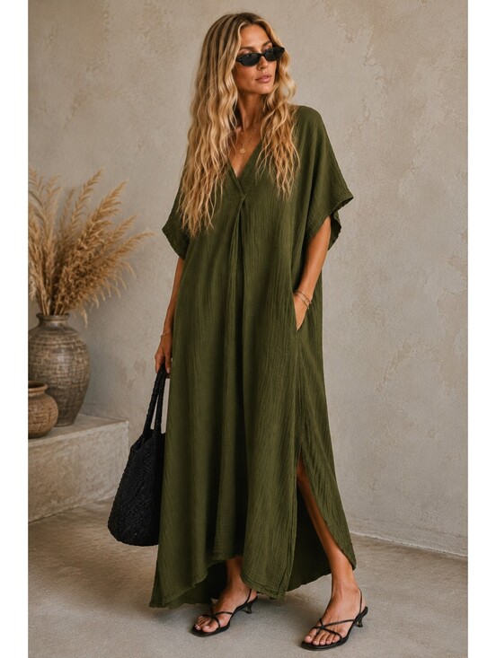 Honest Cotton Dresses & Skirts - Honest Cotton Tulum Olive Cotton Gauze Handmade Oversized Maxi Dress